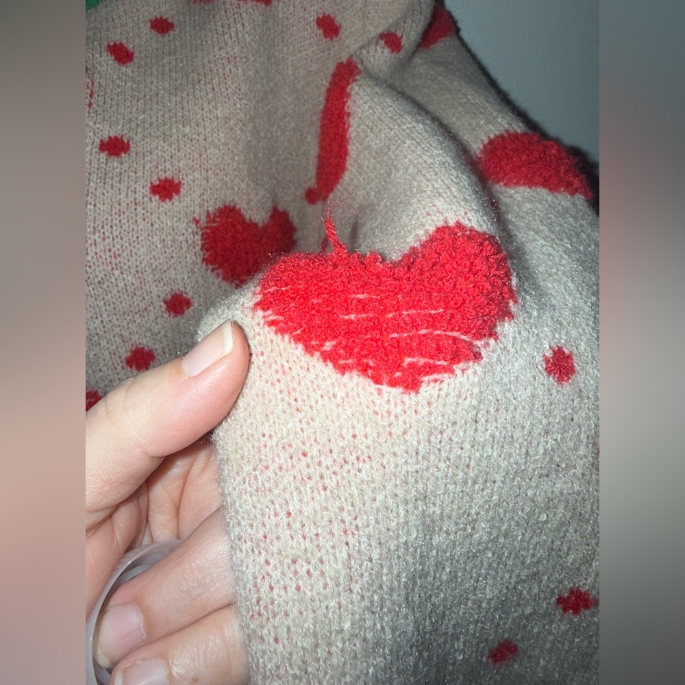 SHEIN Heart Patterned Cardigan Sweater Medium Tan Red Green Valentine's Day - Picture 5 of 9